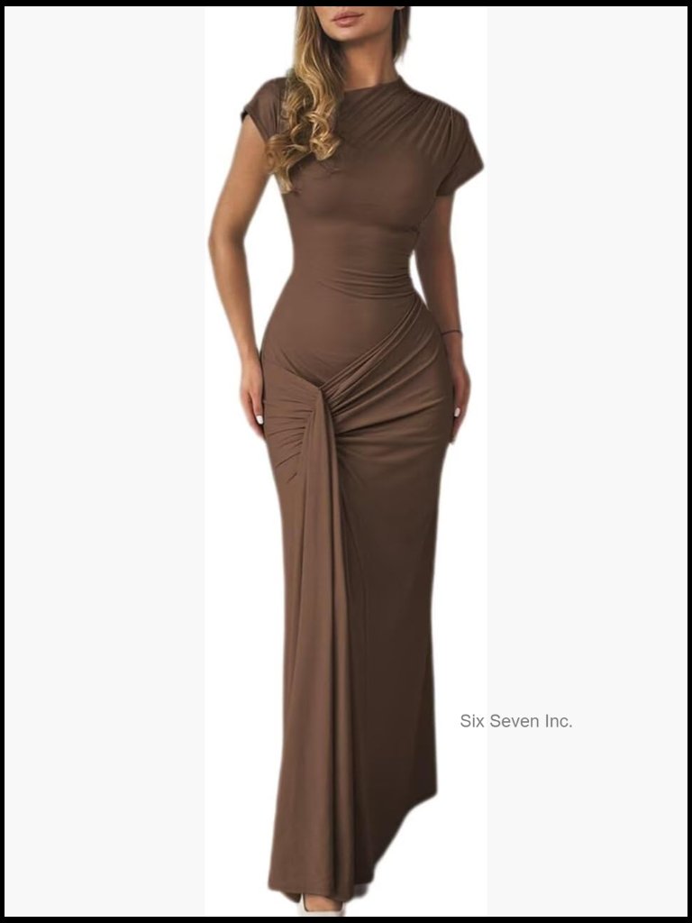 Women Bodycon Maxi Dress Mock Neck Lace Up Short Sleeve Cocktail Party